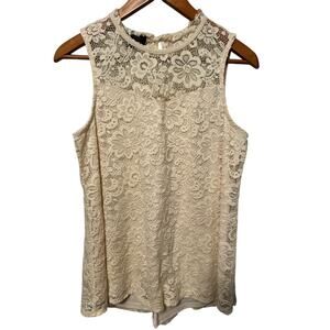 AB Studio Women's Cream High Neck Floral Lace Overlay Sleeveless Blouse Size M